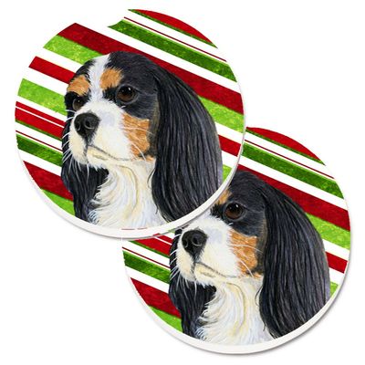 212 Main Cavalier Spaniel Candy Cane Holiday Christmas Set of 2 Cup Holder Car Coaster