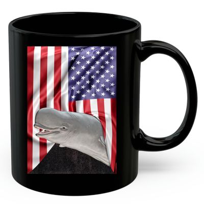 American Themed Design With Beluga Whale Coffee Mug Black Ceramic 11oz Wild Animal Lover Gifts