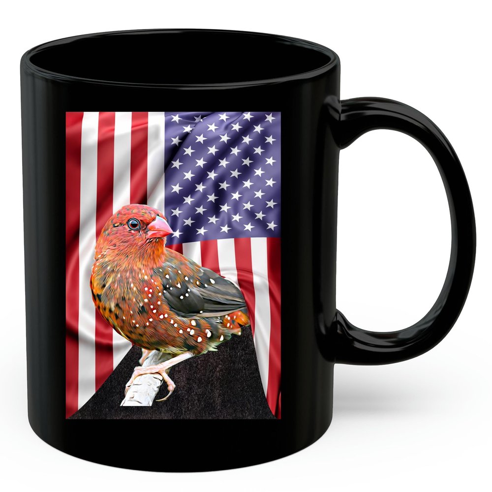 American Themed Design With Strawberry Finch Coffee Mug Black Ceramic 11oz Wild Animal Lover Gifts