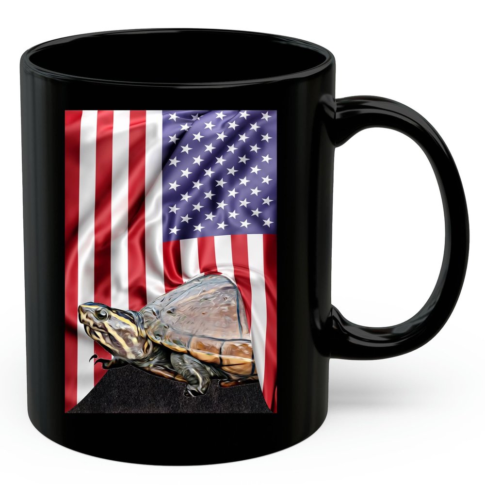 American Themed Design With Striped Mud Turtle Coffee Mug Black Ceramic 11oz Wild Animal Lover Gifts