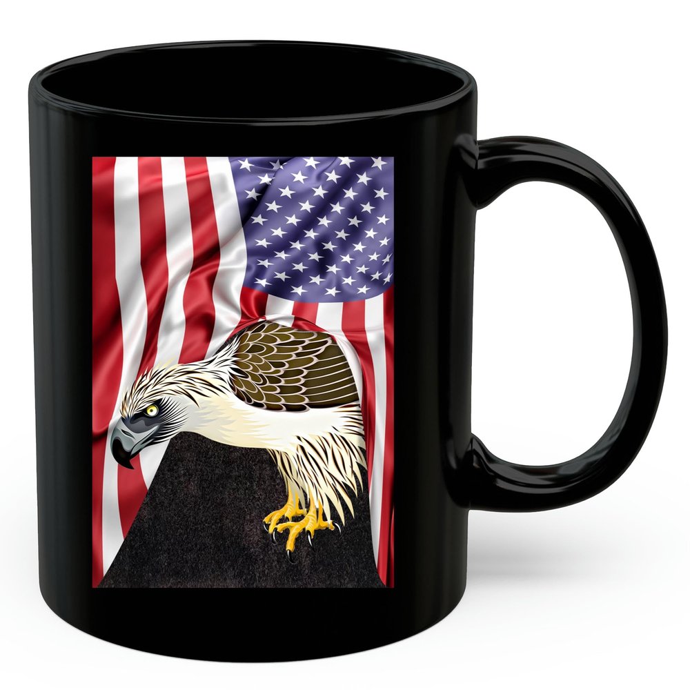 American Themed Design With Great Philippine Eagle Coffee Mug Black Ceramic 11oz Wild Animal Lover Gifts