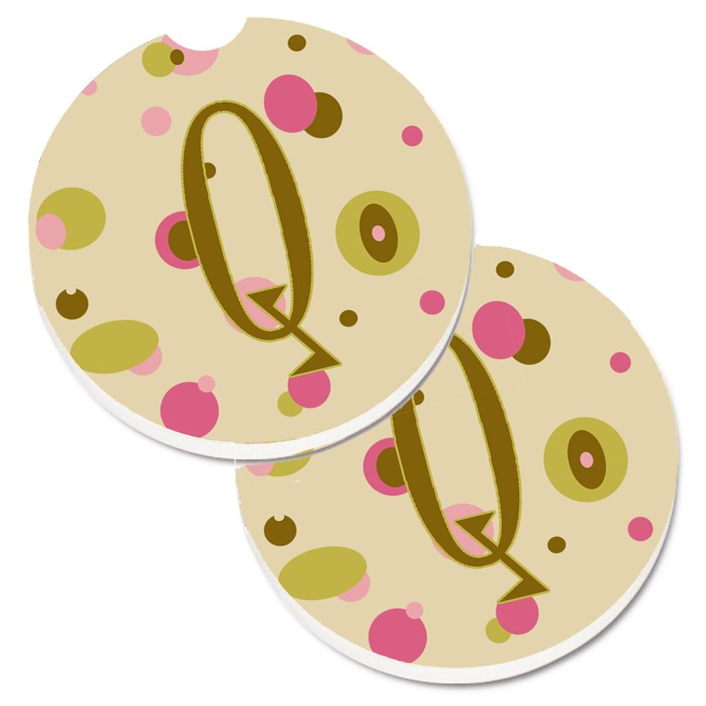 212 Main Letter Q Initial Monogram Tan Dots Set of 2 Cup Holder Car Coaster