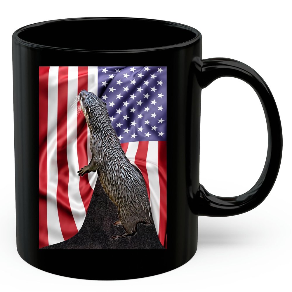 American Themed Design With Giant Otter Coffee Mug Black Ceramic 11oz Wild Animal Lover Gifts
