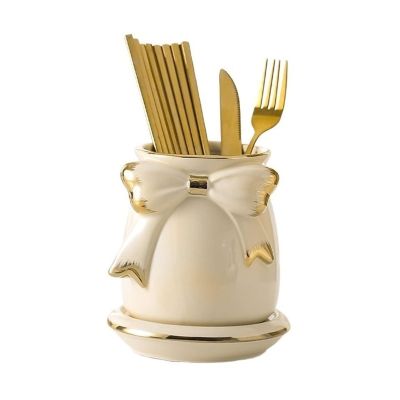 GLigeT Utensil Caddy Ceramic Utensil Holder for Kitchen Counter, Spoon and Chopstick Holder with Drain Tray, Chopsticks Holder Cutlery Organizer with Bow Decoration Utensil Holder (Color : A)