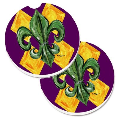 212 Main Mardi Gras Fleur De Lis Purple Green & Gold Set of 2 Cup Holder Car Coaster