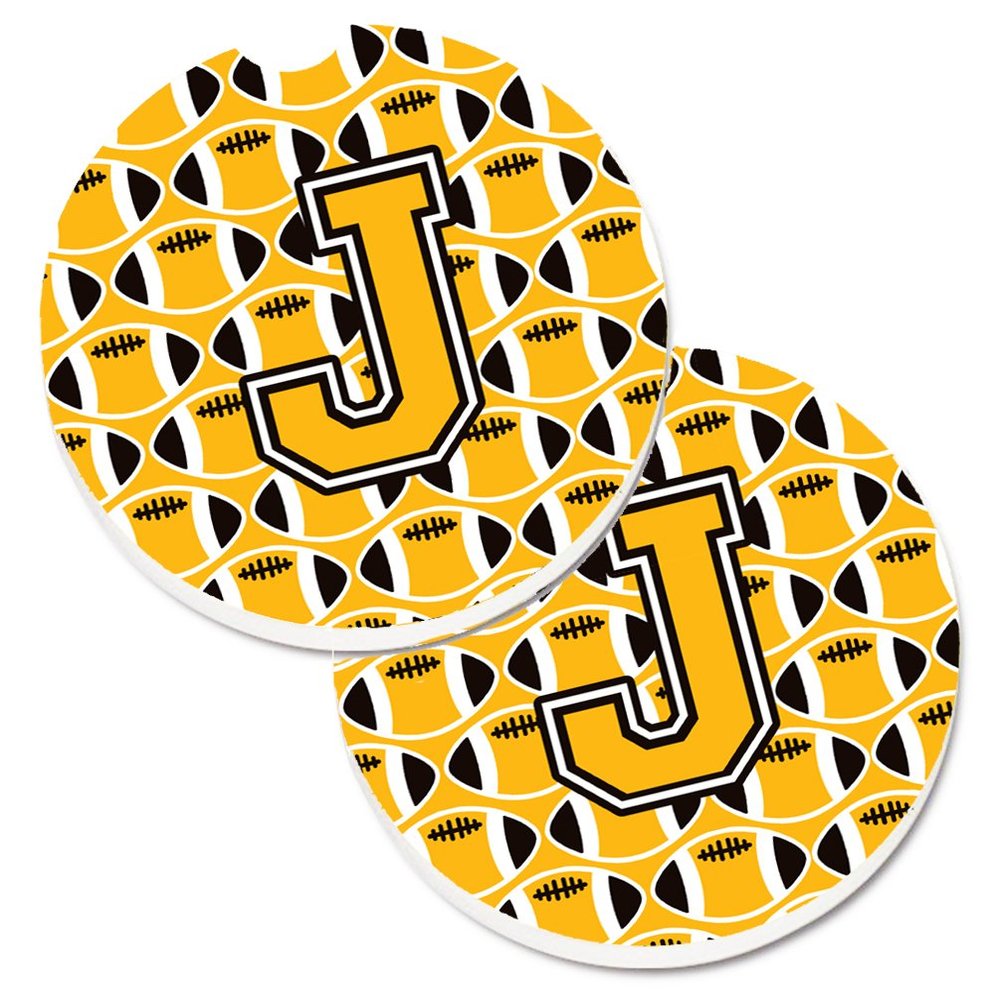 212 Main Letter J Football Black with Old Gold & White Set of 2 Cup Holder Car Coaster