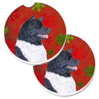 212 Main Akita Red & Green Snowflakes Holiday Christmas Set of 2 Cup Holder Car Coaster