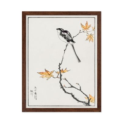 Poster Master Vintage Poster - Retro Drawing Print - Gift for Artist, Friend - Long Tailed Tit & Maple Tree, Bird, Leaves, Branch - Wall Decor for Home, Office, 11x14 Brown Framed