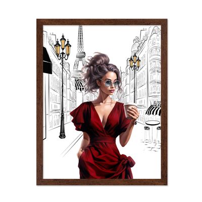 Poster Master Lady in Red Print - Fashion Poster - Paris Designer Art - Modern Wall Design - Chic Gift for Women & Fashionista - Glam Decor for Bedroom or Girl's Room - 8x10 Brown Framed