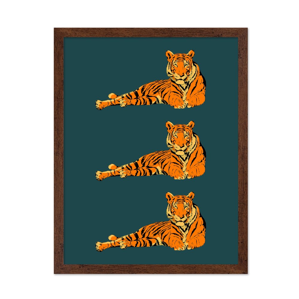 Poster Master Lying Tigers Poster - Retro Funky Cat Print - Groovy Design - Minimal Artwork - Boho Jungle Design - Modern & Cat Art - Great Living Room Bedroom or Office Decor - 16x20 Brown Framed