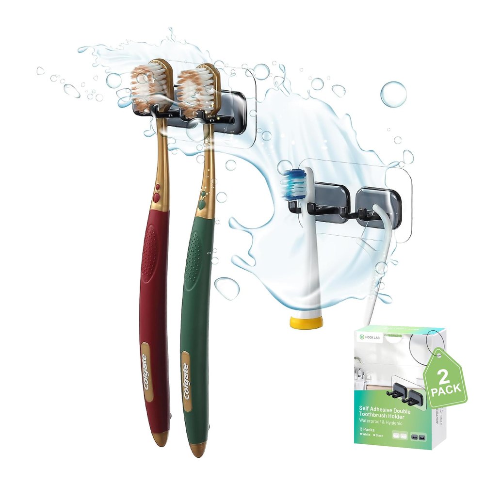 Hook LAB Self-Adhesive Double Toothbrush Holder, 2-Pack, Removable & Reusable Wall-Mounted Storage Organizer, for Bathroom & Kitchen Accessories - Black