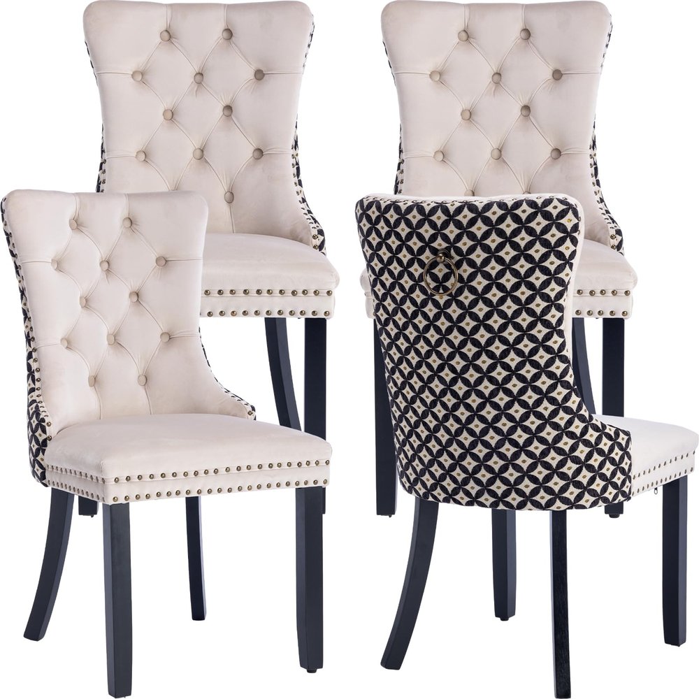 ODUSE-DAILY Velvet Dining Chairs Set of 4, Kitchen & Dining Room Chairs, Nailheads Tufted Chair, Sillas De Comedor, Two-Tone Fabric Upholstered, Wood Legs (Beige & Patterned, 4 Pcs)