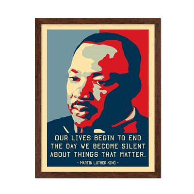 Poster Master The Day We Become Silent Poster - Martin Luther King Print - Motivational Quotes Art - Gift for Men & Women - Inspiring Decor for Living Room, Bedroom or Office, 16x20 Brown Framed