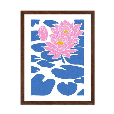 Poster Master Lotus Blossom Poster - Retro Floral Print - Pink Bloom Art - Modern Design - Chic Boho Decor - Groovy Abstract Print - Trendy Design - Aesthetic Living Room Decor - 16x20 Brown Framed