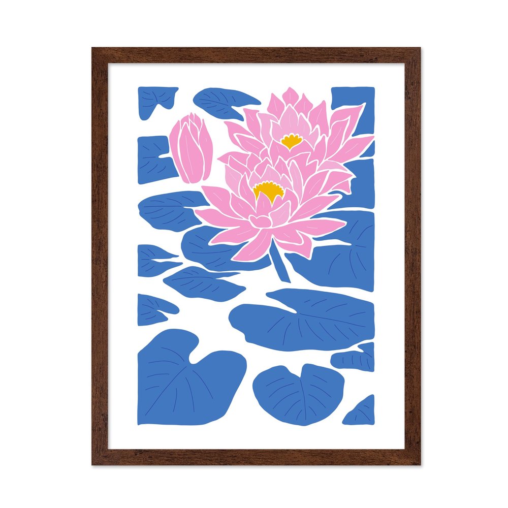 Poster Master Lotus Blossom Poster - Retro Floral Print - Pink Bloom Art - Modern Design - Chic Boho Decor - Groovy Abstract Print - Trendy Design - Aesthetic Living Room Decor - 16x20 Brown Framed