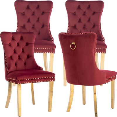 ODUSE-DAILY Burgundy Velvet Dining Chairs Set of 4, Kitchen & Dining Room Chairs, Nailheads Tufted Chair, Sillas De Comedor, Fabric Upholstered, Golden Metal Legs (Wine Red, 4 Pcs)