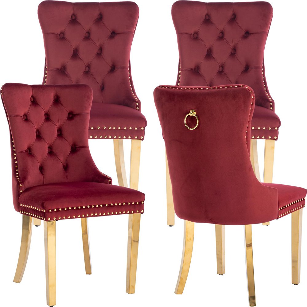 ODUSE-DAILY Burgundy Velvet Dining Chairs Set of 4, Kitchen & Dining Room Chairs, Nailheads Tufted Chair, Sillas De Comedor, Fabric Upholstered, Golden Metal Legs (Wine Red, 4 Pcs)