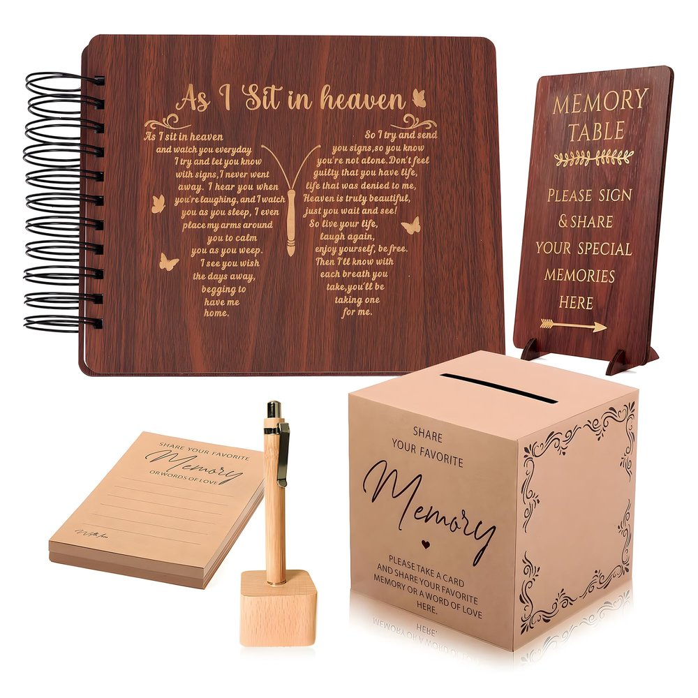 Wooden Funeral Guest Book Set for Memorial Service Celebration of Life Party Decorations in Loving Memory Guest Register Book with Pen&Stand, Included Table Sign,Share a Memory Cards and Box-Butterfly