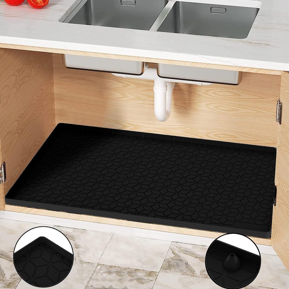 MIFADFAO Under Sink Mat for Kitchen Silicone Waterproof Under Sink Liner, Flexible Sink Cabinet Organizer Tray with Drain Hole, Hold up to 3.3 Gallons Liquid, Easy to Clean (Black, 28X19)