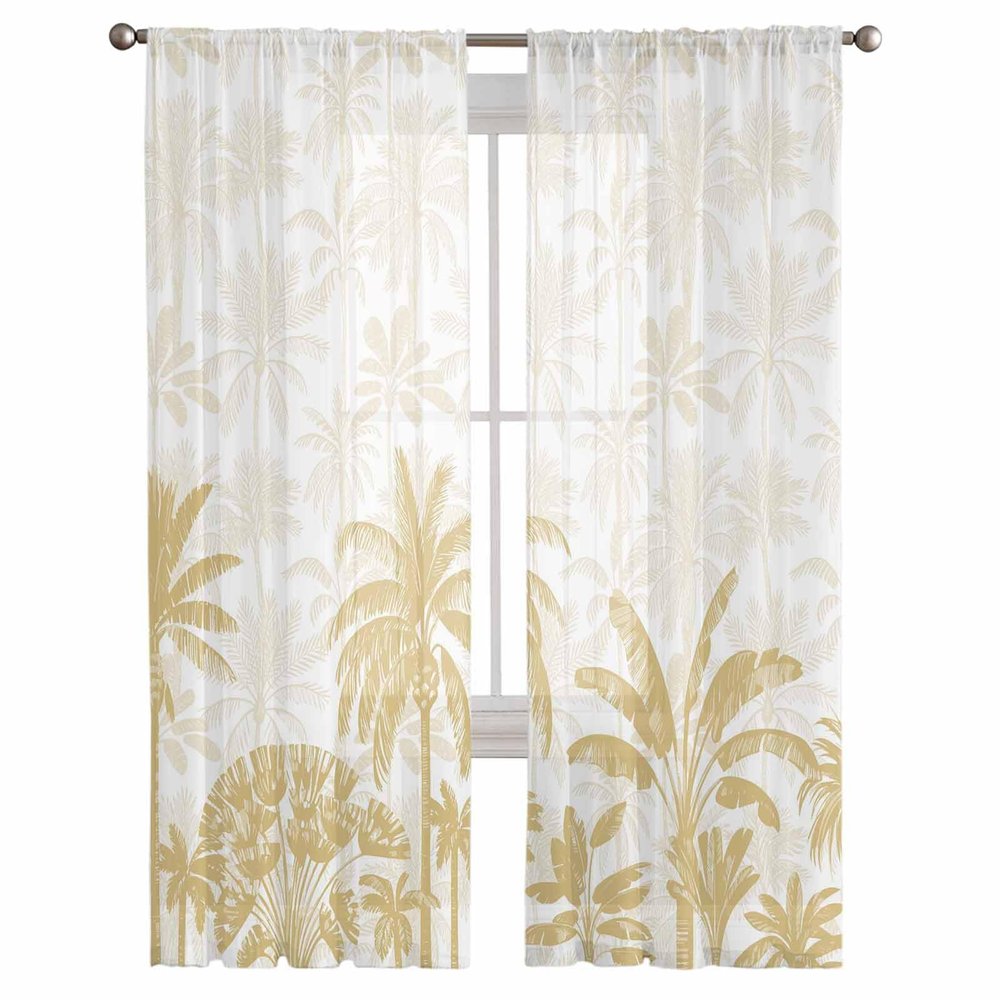 AMZRicher Orange Palm Tree Sheer Curtains 84 Inch Length 2 Panels Set, Semi Transparent Voile Rod Pocket Curtains for Living Dining Room Bedroom Drapes Tropical Exotic White Banana Leaf Forest