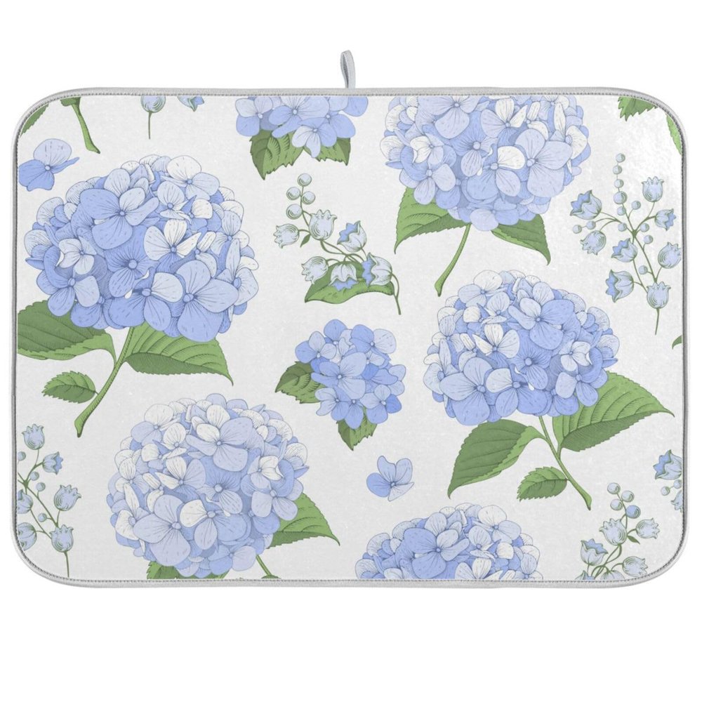 Blue Hydrangea Flowers Dish Drying Mat Super Absorbent Drying Mat Large Coffee Mat for Kitchen Counter Easy Clean Dish Mat Kitchen Drying Matt 18x24 inch