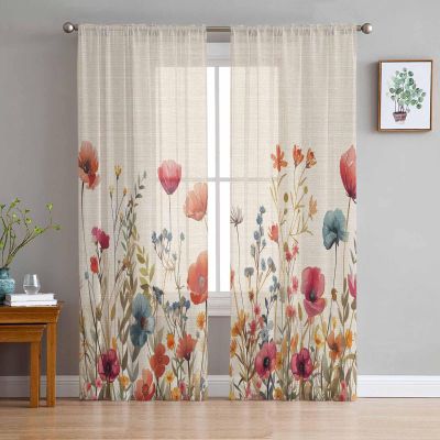 AMZRicher Floral Red Sheer Curtains 108 Inch Length 2 Panels Set, Semi Transparent Voile Rod Pocket Curtains for Living Dining Room Bedroom Drapes Vintage Botanical Spring Summer Garden Herbs