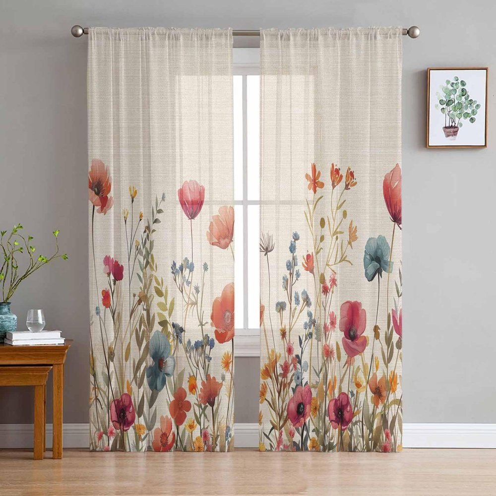 AMZRicher Floral Red Sheer Curtains 108 Inch Length 2 Panels Set, Semi Transparent Voile Rod Pocket Curtains for Living Dining Room Bedroom Drapes Vintage Botanical Spring Summer Garden Herbs