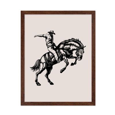 Poster Master Cowboy on Bucking Horse Poster - Retro Cowboy Print - Western Design - Rodeo Art - Wild West Artwork - Gift for Him & Her - Great Dorm, Office or Living Room Decor, 11x14 Brown Framed