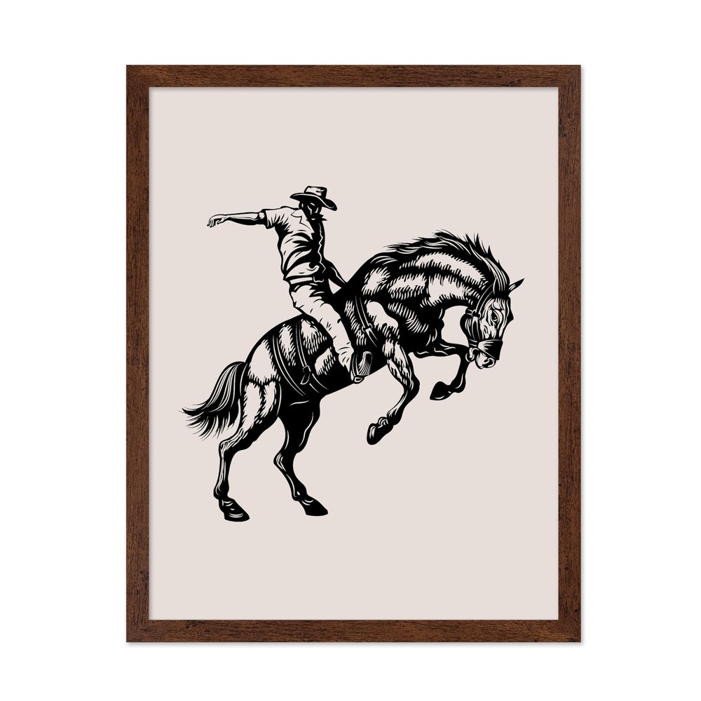 Poster Master Cowboy on Bucking Horse Poster - Retro Cowboy Print - Western Design - Rodeo Art - Wild West Artwork - Gift for Him & Her - Great Dorm, Office or Living Room Decor, 11x14 Brown Framed