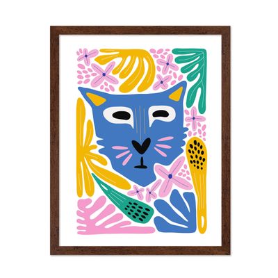 Poster Master Cat Poster - Retro Floral Print - Flower Art - Colorful Cat Design - Chic Boho Decor - Groovy Abstract Print - Trendy Design - Aesthetic Kid's Room or Nursery Decor - 16x20 Brown Framed