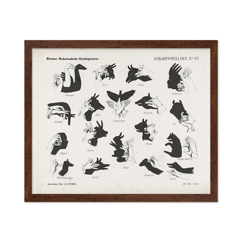 Poster Master Shadow Hands Poster - Retro Hand Shadow Puppets Print - Illustration Art - Minimal Art - Gift for Men & Women - Wall Decor for Kids Room, Bedroom or Living Room, 11x14 Brown Framed