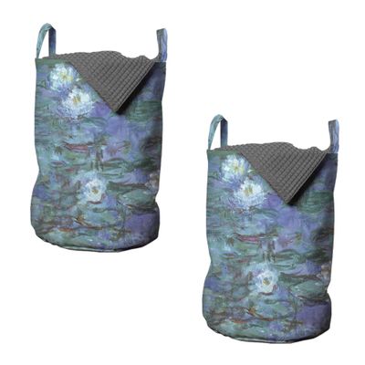 Ambesonne Artwork Laundry Bag Pack of 2, Impressionist Style of Drawing Lilies on the Pond Floating on Surface, Hamper Basket with Handles Drawstring Closure, 13" x 19", Lavender Hunter Green