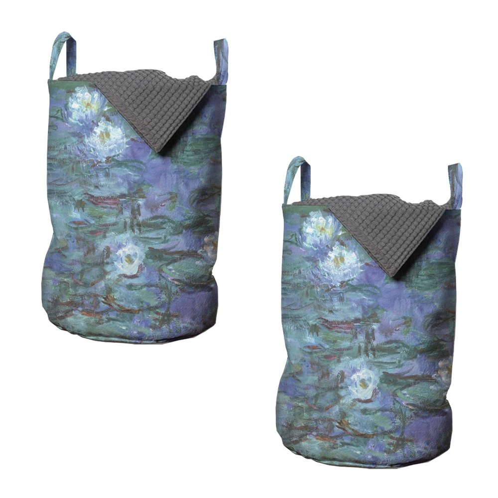 Ambesonne Artwork Laundry Bag Pack of 2, Impressionist Style of Drawing Lilies on the Pond Floating on Surface, Hamper Basket with Handles Drawstring Closure, 13" x 19", Lavender Hunter Green