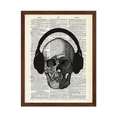 Poster Master Skull with Headphone Print - Dictionary Poster - Music Art - Gift for Men, Women, Musician - Gothic Wall Decor for Bedroom, Living Room, Office - 16x20 Brown Framed