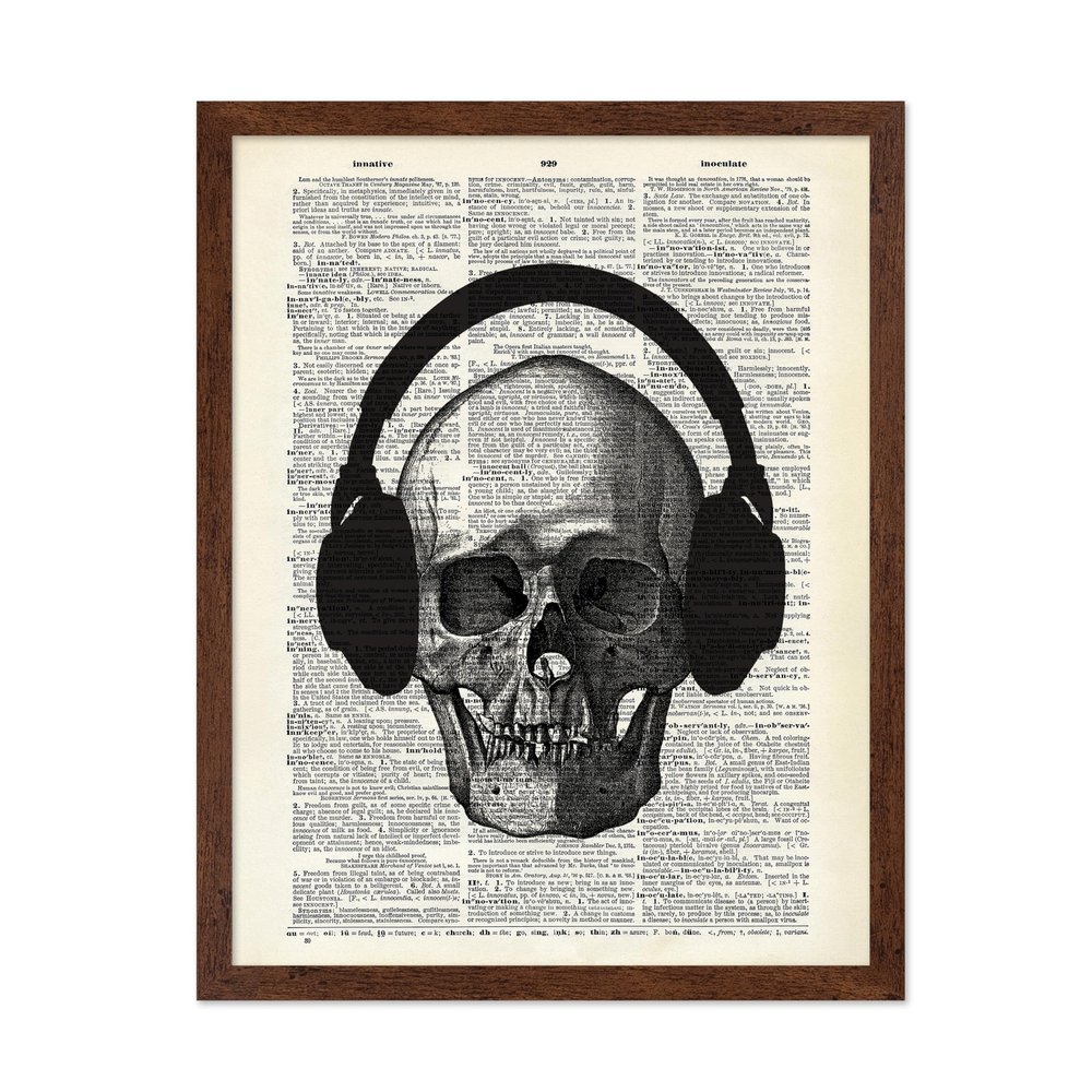 Poster Master Skull with Headphone Print - Dictionary Poster - Music Art - Gift for Men, Women, Musician - Gothic Wall Decor for Bedroom, Living Room, Office - 16x20 Brown Framed