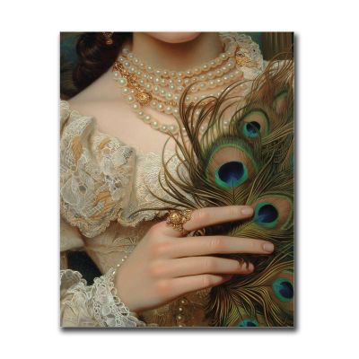 Poster Wall Art Print Peacock Feather Fan Victorian Art Poster Print vintage woman pearl Print victorian art Living Room and Bedroom Home Decoration 8x12inch Wood Frame