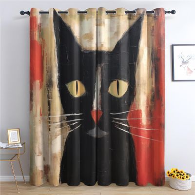 Abstract Kitten Curtains, Black Cat Blackout Curtains for Bedroom, Thermal Insulated Room Darkening Grommet Drapes for Living Room, Window Treatments, 108 Inch Curtains 2 Panel Set - K&Q347