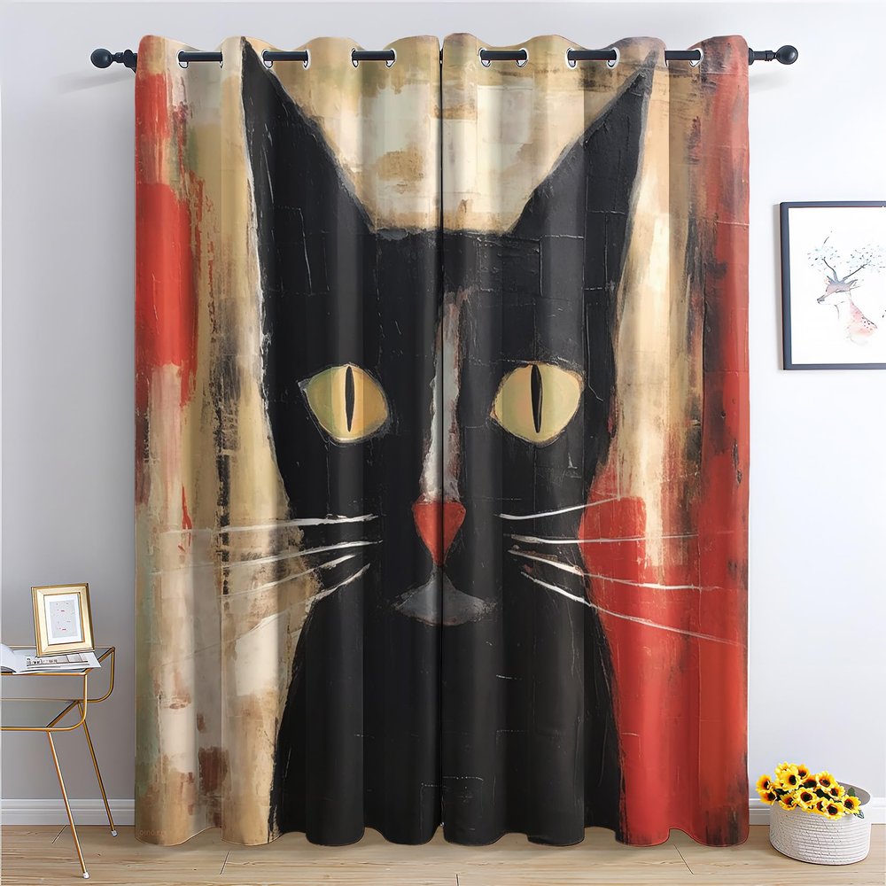 Abstract Kitten Curtains, Black Cat Blackout Curtains for Bedroom, Thermal Insulated Room Darkening Grommet Drapes for Living Room, Window Treatments, 108 Inch Curtains 2 Panel Set - K&Q347