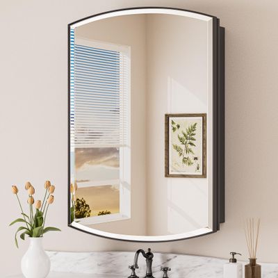 Keonjinn 24 x 36 Medicine Cabinet Mirror, Surface Mount or Recessed Medicine Cabinet with Beveled Mirror, Modern Bathroom Mirror with Storage, Black Metal Framed Wall Mirror Cabinet