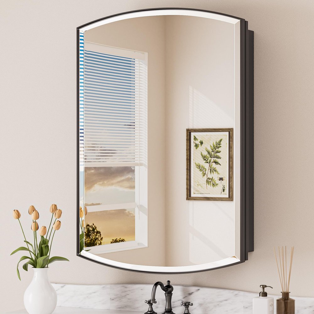 Keonjinn 24 x 36 Medicine Cabinet Mirror, Surface Mount or Recessed Medicine Cabinet with Beveled Mirror, Modern Bathroom Mirror with Storage, Black Metal Framed Wall Mirror Cabinet