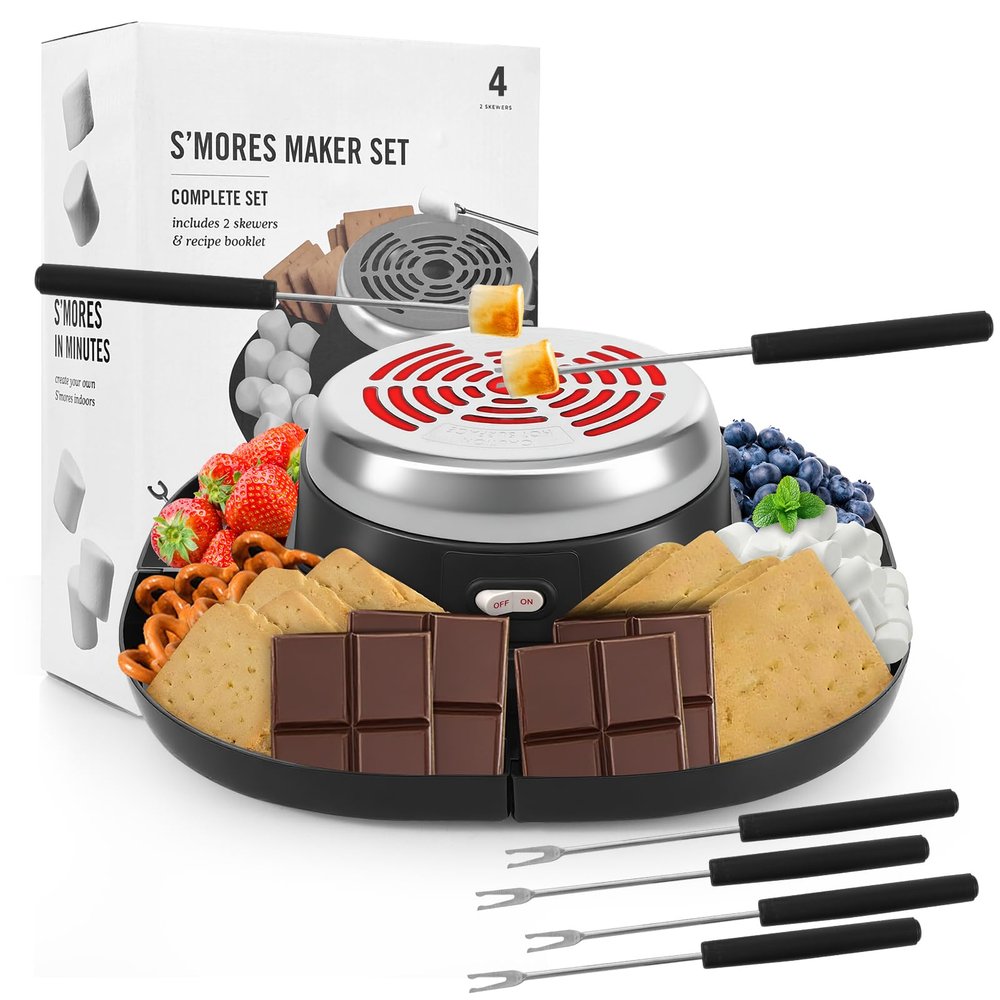 ORANLAN Electric S'mores Maker Tabletop Indoor Smores Kit, Flameless Electric Marshmallow Roaster, With 4 Marshmallow Roasting Sticks and 4 Trays Movie Night Supplies
