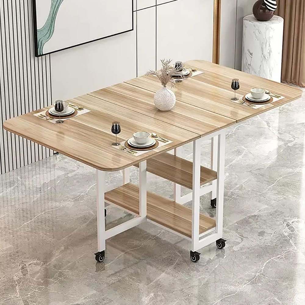 YLQFGUVWK Folding Dining Table, Space Saving Dining Table, Rolling Drop Leaf Table with Open Shelves and 6 Wheels for Small Space Restaurant Kitchen (Color : Light Walnut, Size : 120x70x75CM)