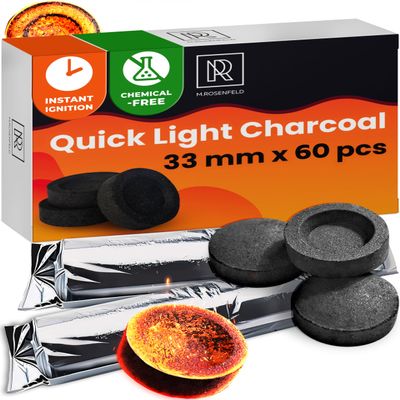 Charcoal Discs to Burn Incense - 60 pcs Charcoal for Incense Burning - 33 mm Most Quick Light Coals Tablets by M. Rosenfeld - 33 mm Resin Burner Rolls Pack of 60 Instant Fire Coal Tablets