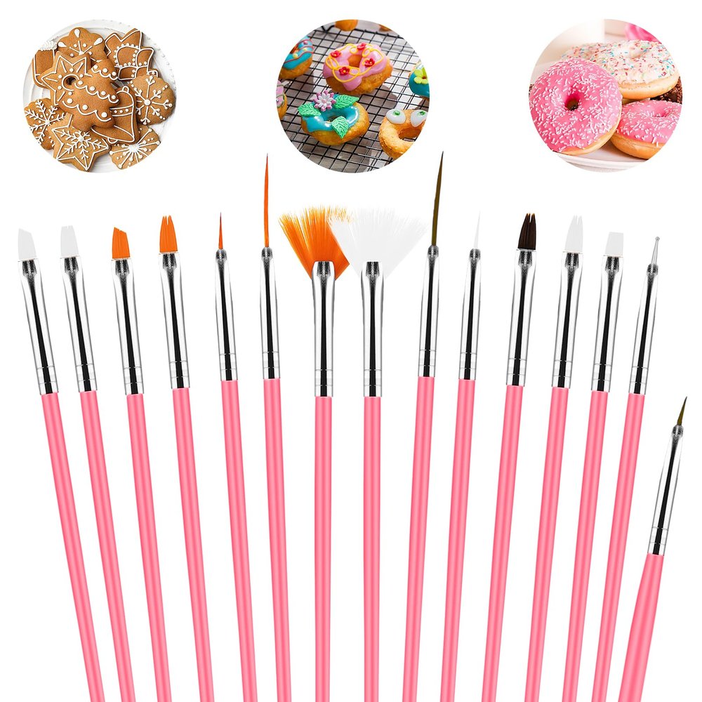 Aster 15Pcs Cake Decorating Brushes, Cake Painting Brushes Kit Food Safe Paint Brushes Fondant Sugar DIY Tools Set Cookie Decorating Supplies Candy Icing Pastry Brush for Baking(Pink)