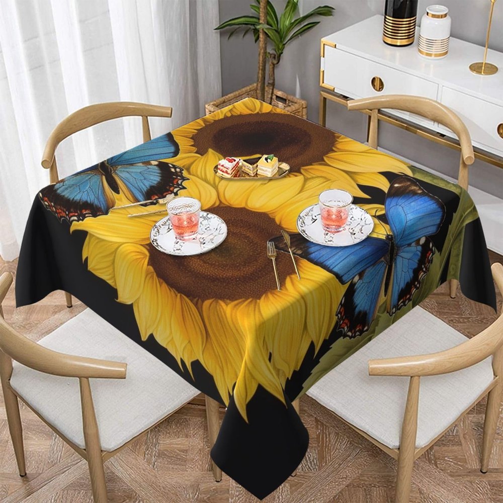 VTCTOASY Square Tablecloth Waterproof Wrinkle Free Table Cloth 54"x54" Decoration Yellow Sunflowers with Blue Butterflies Table Cover Washable Kitchen Tablecloths for Picnic Party Wedding Holiday