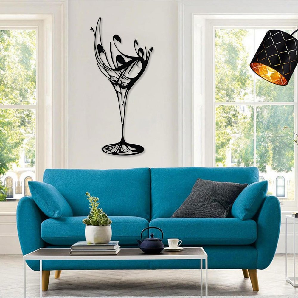Cadeali Wine Glass Metal Wall Decor, Metal Wine Wall Art, Bar Sign for Wedding, Minimalist Abstract Sculptures, Line Artwork for Farmhouse, Kitchen, Housewarming Gifts(41"x19" | 105x48cm, Black)