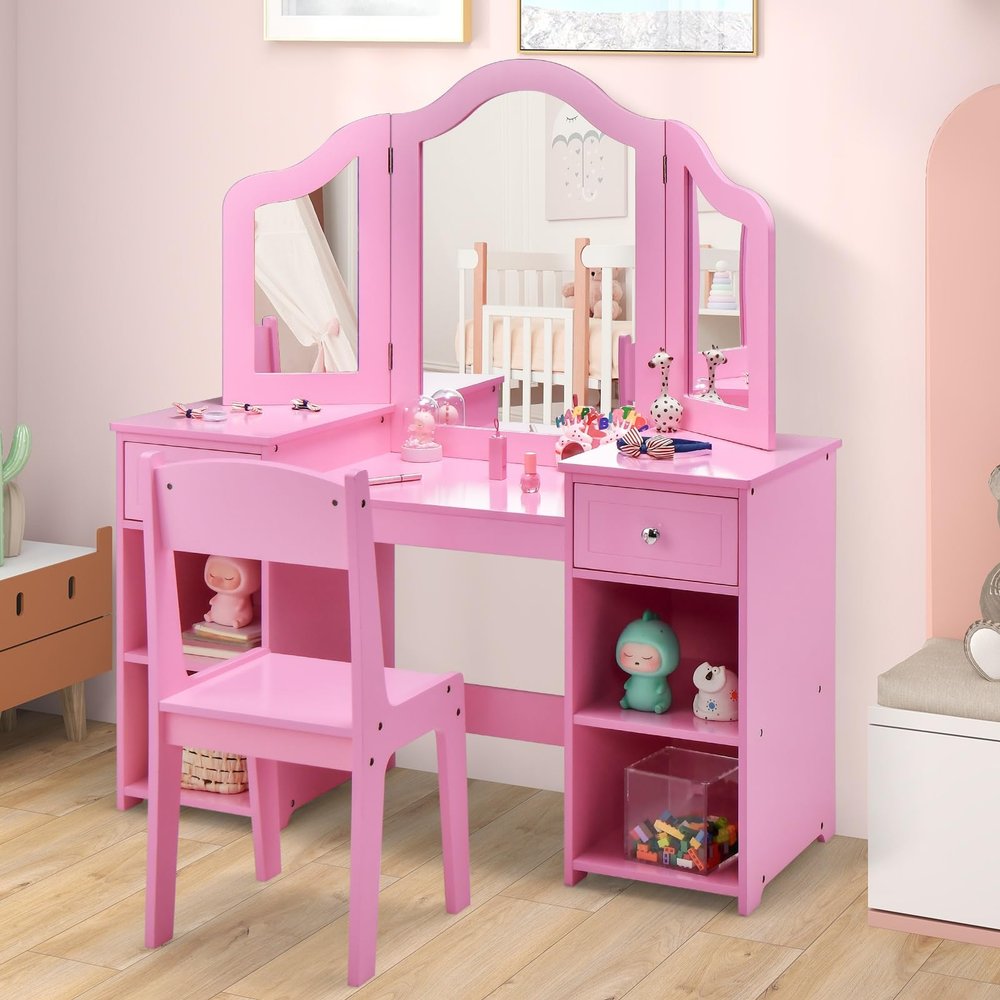 AKUSTIK Kids Vanity, 2 in 1 Wooden Princess Makeup Table and Chair for Toddlers with Tri-Folding Detachable Mirror, Storage Drawers for Little Girls, Pretend Beauty Dressing Desk Play Set Toy Gift