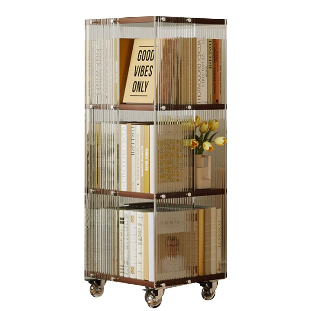 Clear Acrylic & Solid Wood Rotating Bookcase - 360 Rotating Bookshelf, Modern Movable Storage Organizer Holder Book Rack, Spiral Bookshelf, With Wheels, For Bedroom, Room Home And Office ( Color : Wal
