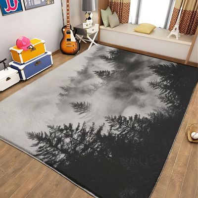 4 x 6 ft Area Rugs for Living Room, Washable Non-Slip Grey Rug, Low-Pile Misty Forest Print Carpet for Bedroom Dinning Room Entrance Farmhouse Indoor Home Decor