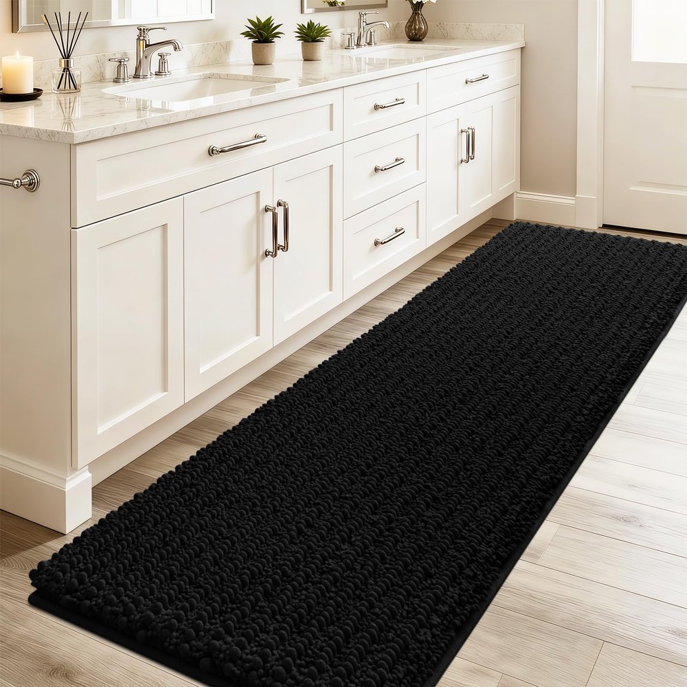 ACCUMTEK Upgrade Luxury Black Bathroom Rug Mat 59"x20", Ultra Soft Thick Absorbent Bath Mats, Non Slip Chenille Toilet Mat for Bathroom, Bedroom, Kitchen, Shower, Tub